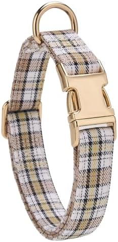 Soft Cotton Dog Collar Classic Plaid Pet Collars with Metal Clasp for Small Dogs with Sensitive Skin, Creamy Countryside