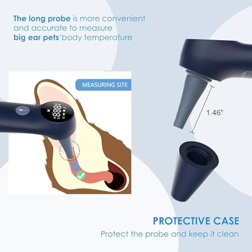 Pet Ear Thermometer for Dogs, Cats, and Livestock, Long Probe Designed, ℃/ ℉ Convert and Sound Switch Dedicated Button, 1 Second Measurement, 20 pcs Pet Swabs Included(Blue)