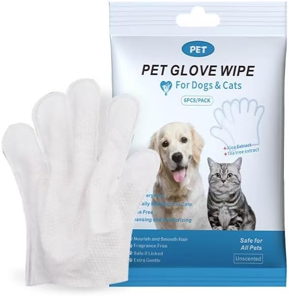 Dog and Cat Cleaning Gloves, Cleaning and Deodorizing Grooming Gloves, Dog and Cat Fur Face, Ears, Eyes, Paws Cleaner, Pet Grooming Wipes, Nourishing Fur, for Daily Care and Travel, No Rinse (12 Pcs)