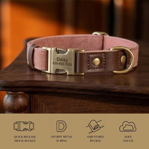 Personalized PU Leather Dog Collars, Quick Release Buckle, Pink,M