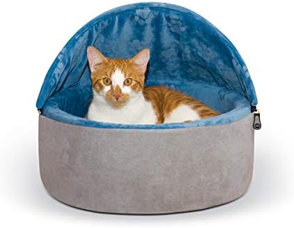 K&H Pet Products Self-Warming Kitty Bed Hooded Pet Bed for Cats or Dogs Blue/Gray Small 16 Inches