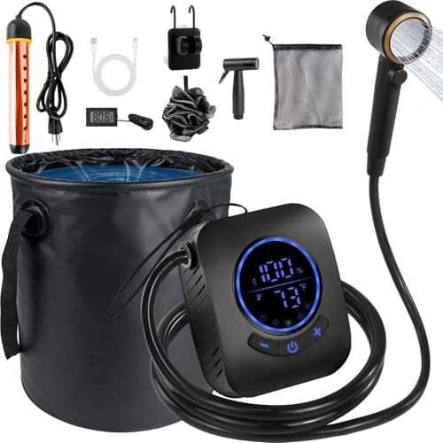 8000mAh Portable Camping Shower with 1500W Immersion Heater, IPX8 Waterproof Rechargeable Shower Pump, Foldable Bucket, All-in-One Outdoor Shower Kit for Camping RV Hiking Dog Bathing