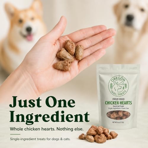 Oregon Trail Treats Freeze Dried Chicken Hearts 4oz - Premium Single Ingredient Cat & Dog Chicken Treats - No Preservatives, Zero Gluten or Grain - Made in the USA