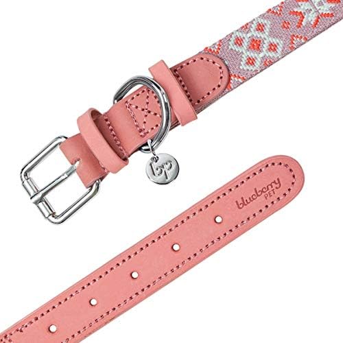 Blueberry Pet 3 Patterns Southwestern Modern Tribal Print Genuine Leather & Polyester Fabric Combo Dog Collar with Metal Buckle - Thistle Braided, Small, Neck 12"-15"