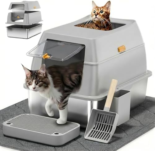 Stainless Steel Litter Box with Lid,Front Entry Top Exit Kitty LitterBox,Extra Large Enclosed Metal Cat Box with Litter Scoop & Litter Mat-Light Gray