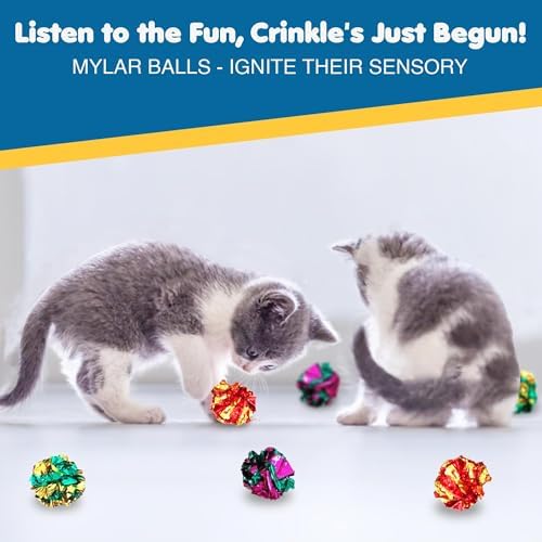 SunGrow Cat Crinkle Balls, Shiny, Mylar Crinkler, Stress-Relief Toy for Kittens, Interactive & Engaging, Keeps Grown-up Cats Active, Encourages Multi-cat Play, Provides Endless Entertainment, 6 Pcs