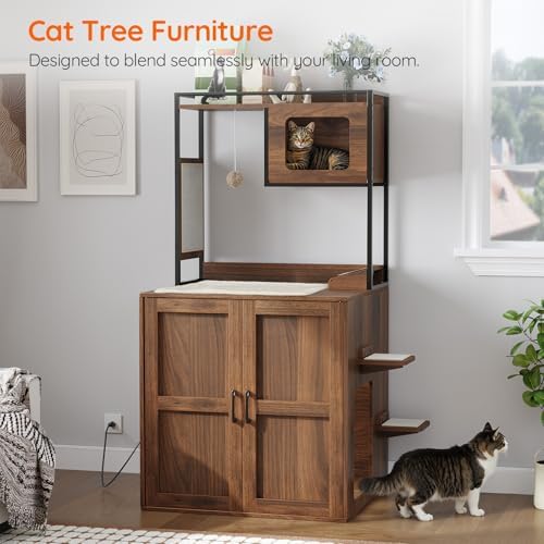 HOOBRO Cat Automatic Litter Box Enclosure Furniture, 30.5" L x 26.8" W x 61" H, Hidden Robotic Litter Box Cabinet, Dog-Proof Shelf with Charging Station, Scratching Mat, Bowls, Walnut WL68UMZ03N1