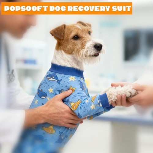 Recovery Suit for Dogs Full Zipper, Four-Legged Onesie Dog Recovery Suit After Surgery, Cute Soft Bodysuit Cone Alternative Male Female Dog Neuter Anti Licking Wounds, Ocean, Small