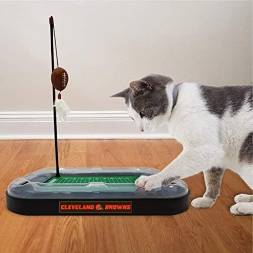 Pets First Cat Toy NFL CLEVELAND BROWNS FOOTBALL FIELD CAT SCRATCHER TOY with CATNIP Filled Plush FOOTBALL Toy & Feather Cat Toy hanging, with Jingle Bell INTERACTIVE BALL Cat Chasing 5-in-1 KITTY Toy