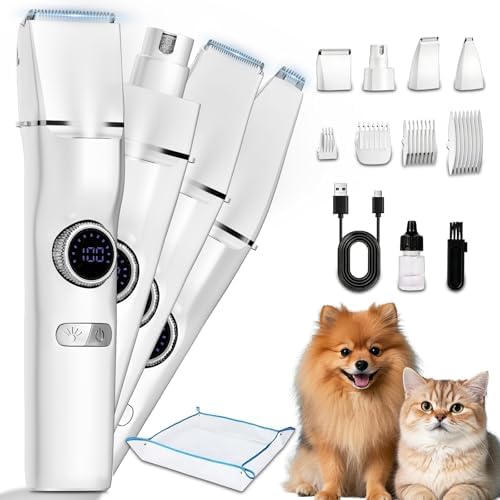 5-in-1 Dog Grooming Kit, Dog Paw Trimmer with LED Display & Light 11-Speed Rotary Knob, Low Noise Wireless Pet Clippers, Includes Easy-Clean Silicone Pad for Trimming Paw Eye Ear Facial Hair