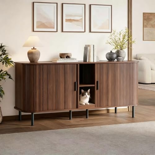 58" Double Cat Litter Box Enclosure, Large Hidden Litter Box Furniture for 2 Cats with Cat Scratch Pad, Mid Century Modern Indoor Cat House with Double Room, TV Stand, Side Table, Walnut