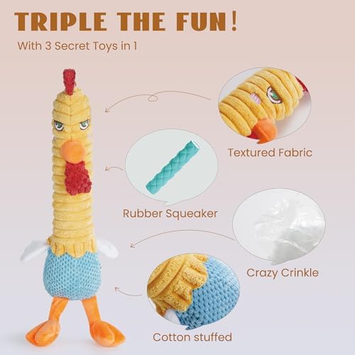 Nocciola 3 in 1 Rip and Reveal Chicken Dog Toy, Suprise Toys Inside- Durable Stuffed Squeaky Crinkle Chew Animal Toy for Medium Large Breed, Funny Cute Teething Keep Busy Pet Supplies