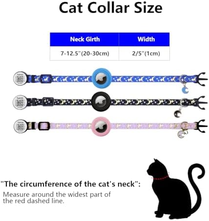 Stars and Moon AirTag Cat Collar with AirTag Holder,Air Tag Cat Collar for Apple. Solid & Safe, Pet Collar, Breakaway Cat Collar, Scan QR for Instant Location Alerts.NO APP(Black)