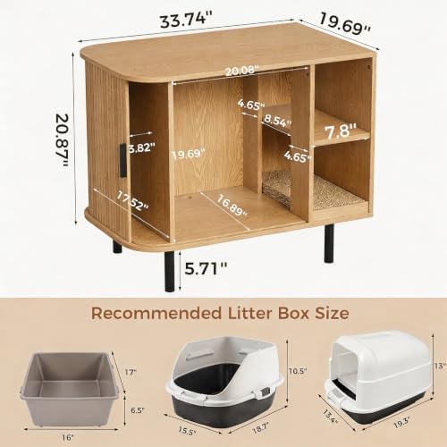 Cat Litter Box Enclosure, 31.8" Kitty Hidden Litter Box Furniture with Scratch Pad, Modern Indoor Cat House, Sliding Door, Adjustable Shelf for Dog Proof, Natural