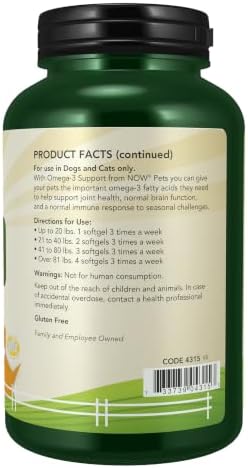 NOW Pet Health, Omega 3 Supplement, Formulated for Cats & Dogs, 180 Softgels