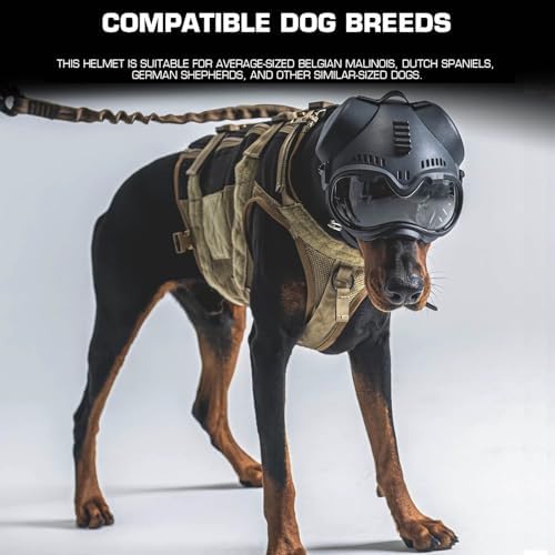 Tactical K9 Helmet - Adjustable Dog Helmet with Removable Ear Guards, 2 Lenses, Picatinny Rail & EVA Pads for German Shepherd and Medium Breed Working Dogs(Black)