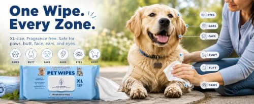 Dog Wipes for Paws and Butt, XL 2-Pack 200 Count, Fragrance Free
