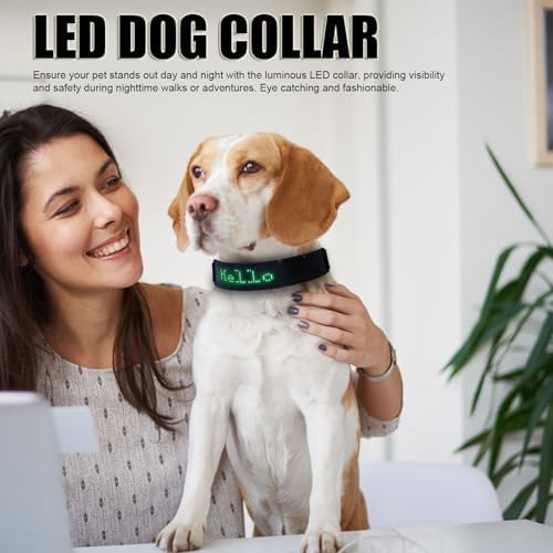 LED Dog Collar, Light Up Dog Collar with Smart DIY Screen, Rechargeable Glowing Collar, in The Dark Pet Necklace for Night Walking, High Visibility & Fashionable (Green Light)