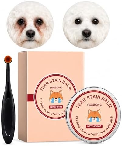 Tear Stain Remover Balm for Dogs & Cats with Soft Brush, Gentle Eye Area Care for White Fur Pets, Helps Clean Brown Marks, 1 oz