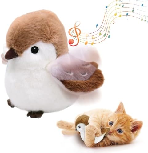 Cat Toys, Flapping Wings Sparrow, No Flying, Chirping Bird Interactive Catnip Toy for Kitten or Small Dogs, Touch Activated, Rechargeable, 3 Modes