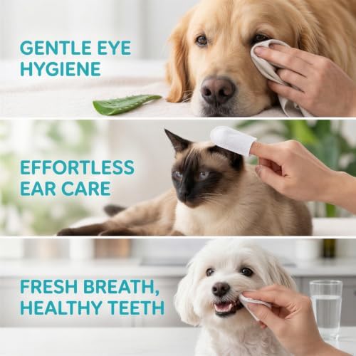 Pet Eye, Ear and Tooth Wipes Set, 100 Eye Cleaning Pads, 50 Finger Cover Ear Wipes, 50 Tooth Cleansing Pads, 2 Containers, 2.8 x 2.8 x 2.4 in and 3.0 x 2.0 x 3.3 in, for Dogs and Cats