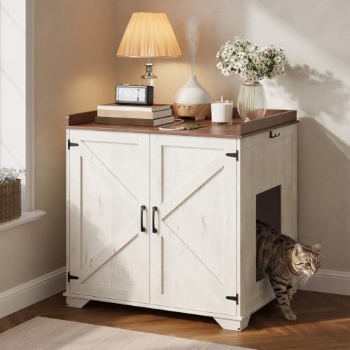 HOOBRO Automatic Litter Box Furniture for Large Capacity, Large Robotic Litter Box Cabinet with Charging Station and Hooks, Cat Litter Box Enclosure with Storage Top, White and Walnut WH89UMW01N2