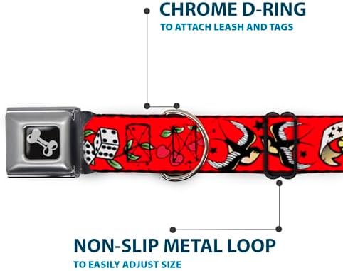 Dog Collar Seatbelt Buckle Lucky Red 15 to 26 Inches 1.0 Inch Wide