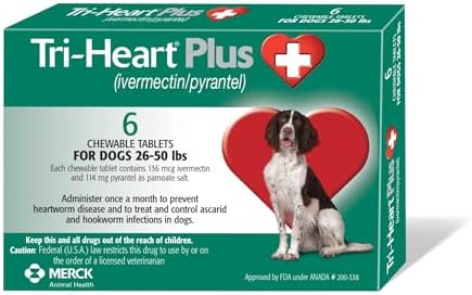 TRI-HEART PLUS Chewable Tablet for Dogs, 26-50 lbs (Green Box), 6 Chewable Tablets, 6-Month Supply