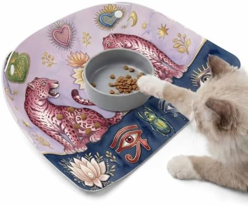 Boho Leopard Pet 100% Waterproof Feeding Mat with Raised Edges, Mystic Aesthetic Lotus Eyes Pink Purple Cat Small Dog Foldable Food Mat with Easy Clean Leather for Home Travel 17.7x11.8in