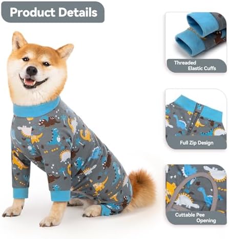 Recovery Suit for Dogs Full Zipper, Four-Legged Onesie Dog Recovery Suit After Surgery, Cute Soft Bodysuit Cone Alternative Male Female Dog Neuter Anti Licking Wounds, Dinosaur, Small