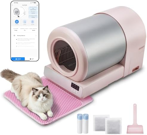 Self Cleaning Cat Litter Box for Multiple Large Cats - 60L Capacity, APP Control Automatic Litter Box with Safety Sensors, Odor-Free & Anti-Leakage, Includes Litter Mat & Litter Scoop,Pink