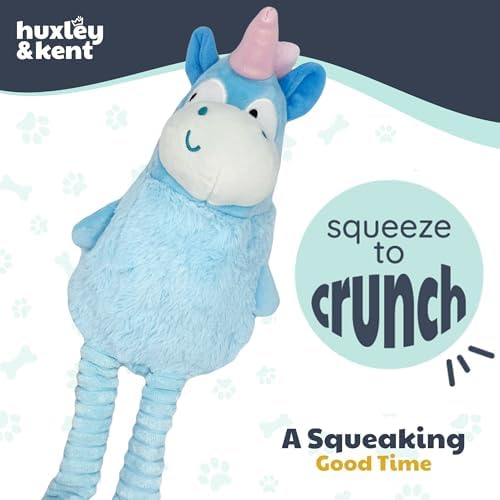 Huxley & Kent Funny Dog Toy w/Squeaker – Power Plush Squeaky Dog Toys for Small, Medium & Large Dogs – Soft Stuffed Animal for Indoor Play & Fetch - Squeak to Crunch - Lankies Luna Unicorn, Small