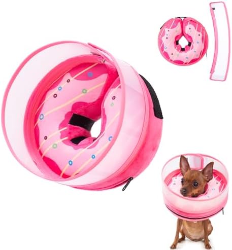 Inflatable Dog Cone Collar for Large Medium Small Dogs, Soft Dog Donut Collar Adjustable Recovery Cone for Pets After Surgery, Extra Enhanced Anti-Licking Guard Shield (Pink Donut, Small)