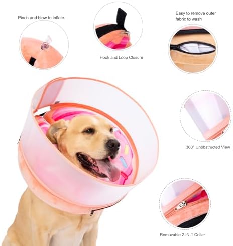 Inflatable Dog Cone Collar with Enhanced Anti-Licking, Soft Neck Donut for Dogs Cats, Recovery Pet Cone Collar After Surgery for Large Medium Small Dogs (Donut Pink2, Large)