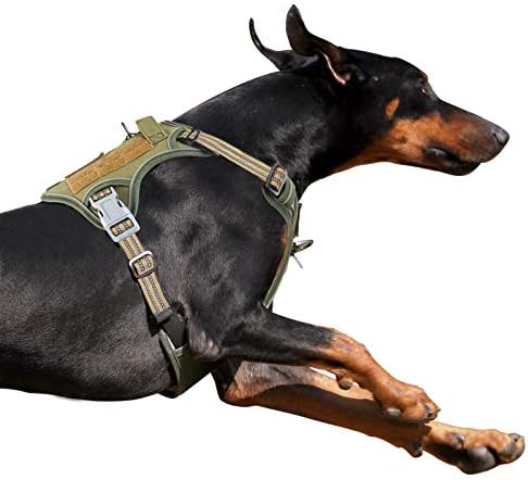 BUMBIN Tactical Dog Harness for Large Dogs, No Pull, Reflective, Green, L(Neck:19-25", Chest:21-35")