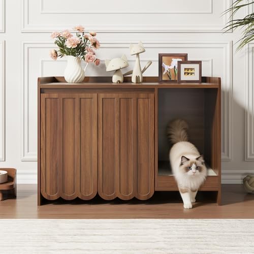 Halitaa Cat Litter Box Enclosure with Scratch Pad, Hidden Litter Box with Soft-Close Hinges, Modern Fluted Cat Litter Box Furniture, Dog Proof Litter Box Cabinet, Side Table, Walnut