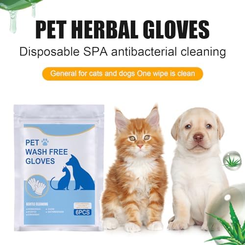 Pet Wash Free Grooming Gloves, 6Pcs Cleaning Cat Dog Wipes for Face, Ear, Eye, Paws Pet Body Rinse Free Gloves, No Rinse Thick Extra Puppy Wipes, Disposable Plant-Based Dog Bath Wipes