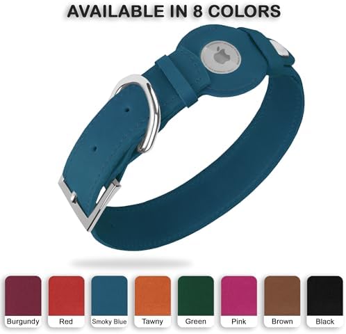Leather Dog Collar with Airtag Holder - Apple Air Tag Dog Collars - Soft Tracking GPS Pet Collar for Small Medium Large Dogs Breed Puppy (Smoky Blue, M, 12"-15" Neck Fit)