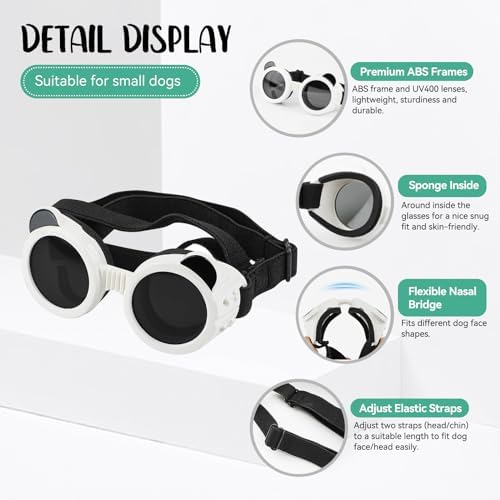 Dog Goggles for Small Dogs, Cute Cat Sunglasses, Anti-UV Windproof Dustproof Anti-Fog Pet Goggles with Adjustable Strap for Puppy Kitten Small Breeds, White
