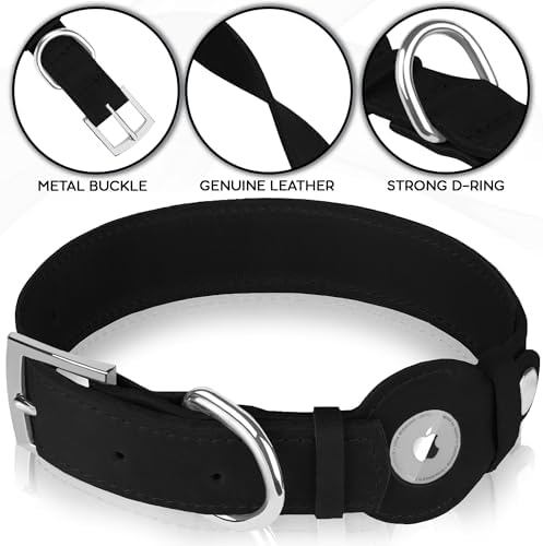 Leather Dog Collar with Airtag Holder - Apple Air Tag Dog Collars - Soft Tracking GPS Pet Collar for Small Medium Large Dogs Breed Puppy (Black, XL, 19"-24" Neck Fit)