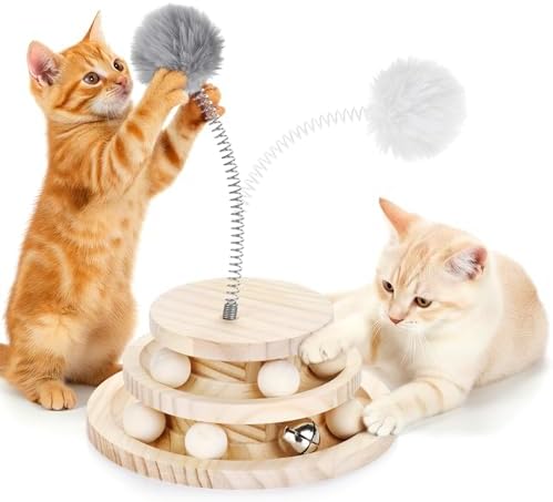 Cat Toy Track Ball with Bell Teaser Wand - Double-Layer Tower Roller, Interactive Wooden Cat Toy for Mental & Physical Exercise, Double Fun for Kittens & Cats