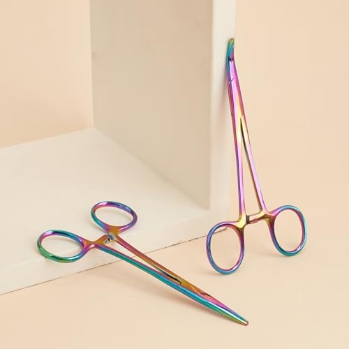 Pets ears/nose hair Puller Straight & Curved full serrated, stainless steel Home Hemostat Locking Forceps, Professional pet grooming tool for cats & dogs 2pcs set （Gradient color）