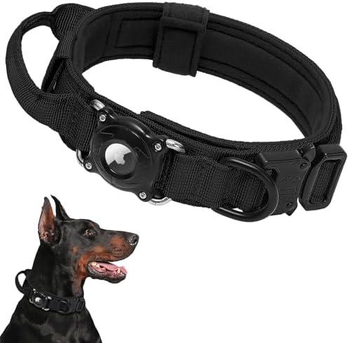 AirTag Dog Collar for Large Dogs - Tactical Collar with Waterproof AirTag Case, Military Handle & Reflective Strap. Secure Apple Air Tag GPS Tracking for Medium, Large Breeds (Black,M)