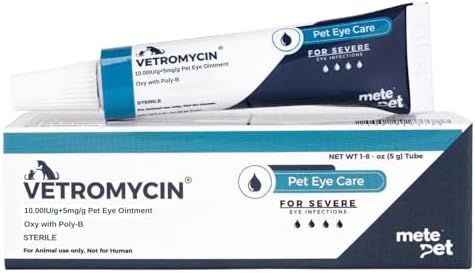 Vetromycin Pet Eye Ointment for Dogs and Cats 1/8 oz /5gr, 1 Tube - Gentle Daily Eye Care, Easy Topical Application