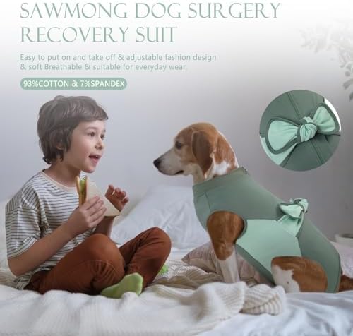 SAWMONG Recovery Suit for Dogs, Cotton Dog Surgery Suit Female Spay Pet Male Breathable, Zipper Neuter Onesie Bodysuit Prevent Licking Wounds, Substitute E-Collar & Cone(Green, Medium)