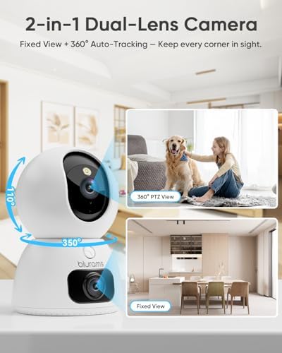 blurams 2K Dual-Lens Indoor Camera, 5G Pet Camera with Phone App, Split-Screen View, Free Human/Sound Detection, Motion Tracking, One-Touch Call, Night Vision, Dual-Band WiFi 6, Work with Alexa. 2Pack