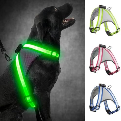 Visinite LED Dog Harness, USB Rechargeable Light Up Dog Vest, 2 Illuminate Modes Glow in The Dark Dog Harness, Adjustable Lighted Pet Harness Light for Night Walking Safety (Green, L)
