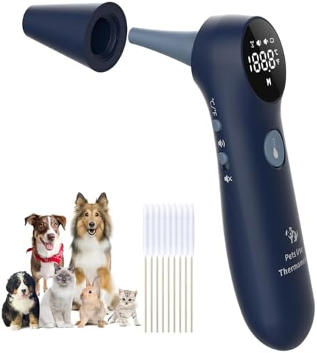 Pet Ear Thermometer for Dogs, Cats, and Livestock, Long Probe Designed, ℃/ ℉ Convert and Sound Switch Dedicated Button, 1 Second Measurement, 20 pcs Pet Swabs Included(Blue)