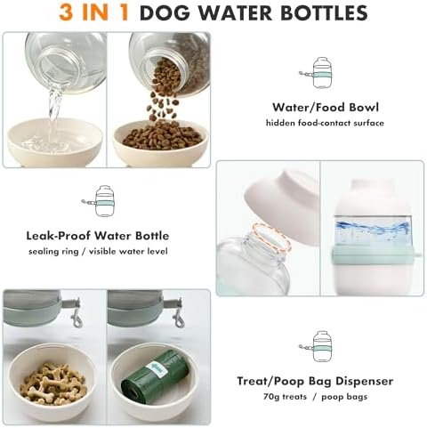 3 in 1 Dog Water Bottle with Crossbody Strap, Portable Dog Travel Water Bottle with Treat & Poop Bag Dispenser for Small Dogs Walking Hiking(Pale Purple)