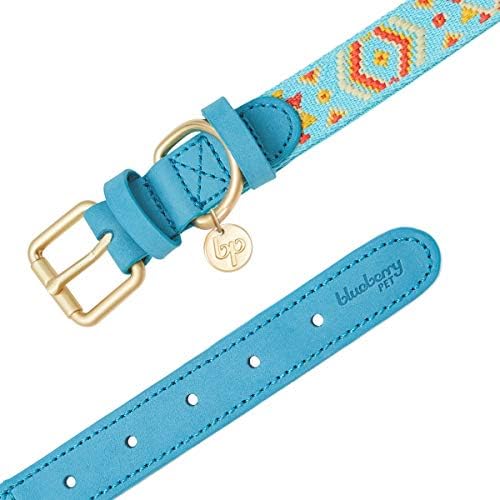Blueberry Pet 3 Patterns Southwestern Magical Tribal Print Genuine Leather & Polyester Fabric Combo Dog Collar with Metal Buckle - Celeste Blue, Medium, Neck 15"-18"